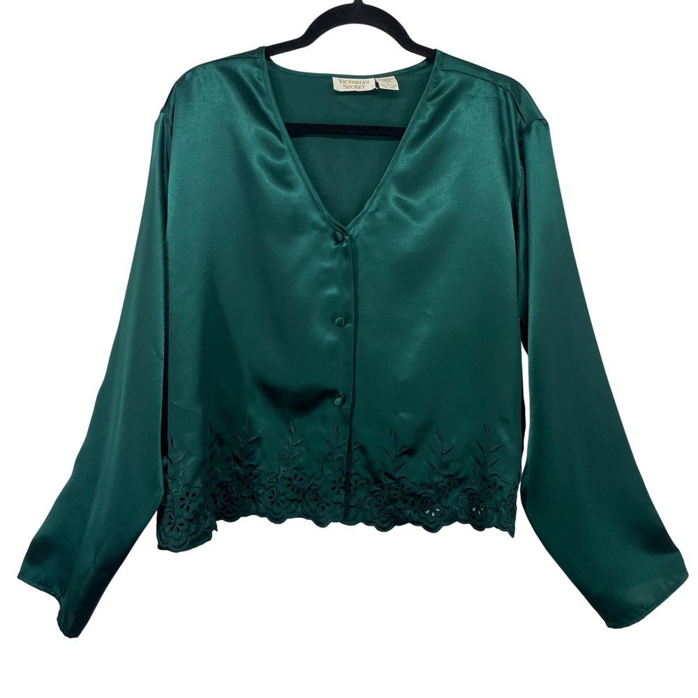 Victorias Secret Size L Vintage Gold Label Pajama Top Emerald Green Satin Eyelet